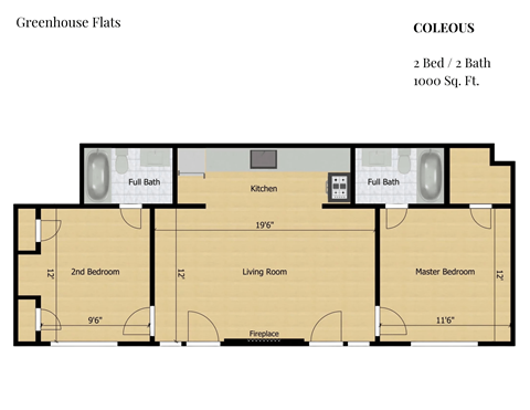 Floor plan for 2 beds, 2 baths, 1000 sqft